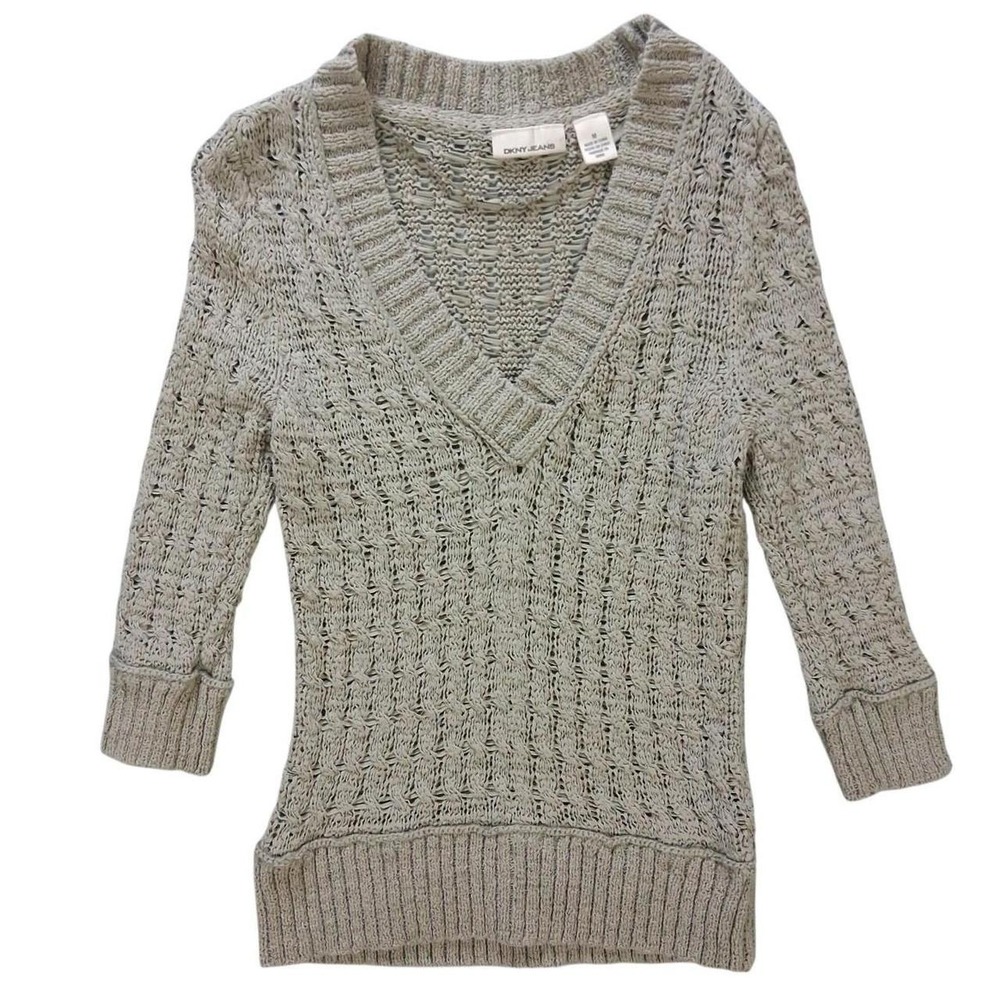 DKNY Jeans Womens V-Neck Textured Open Knit Sweater Tan Beige Medium